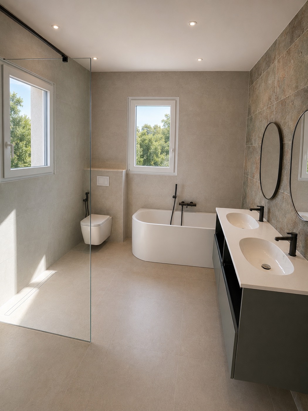 Création complète d'une salle de bain : douche à l'italienne, WC suspendu, baignoire d'angle et meuble double vasque