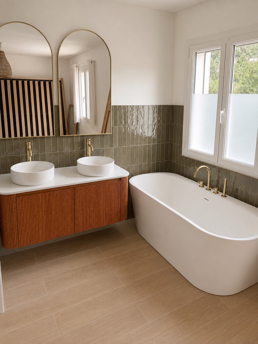 Salle de bain avec baignoire îlot, double vasque sur meuble bois cannelé, robinetterie dorée et faïence verte