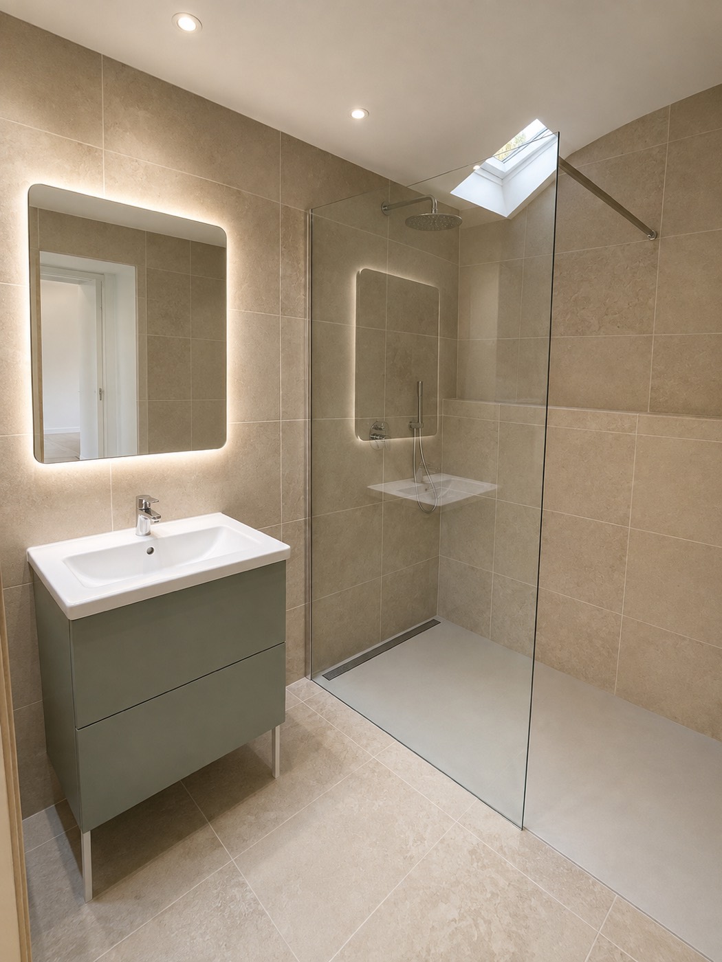 Salle de bain rénovée en beige avec douche à l'italienne de plain-pied, meuble vert et miroir rétroéclairé